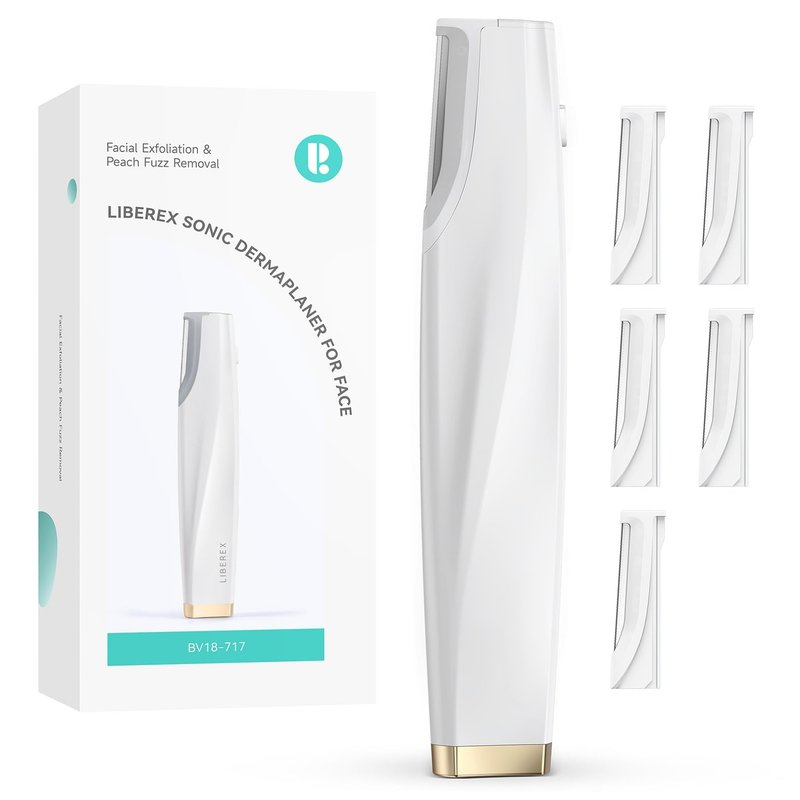 Sonic Dermaplaning Tool for Face - Rechargeable Dermaplane Razor with 6 Refill Dermablades, Facial Hair & Peach Fuzz Remover for Women (White)