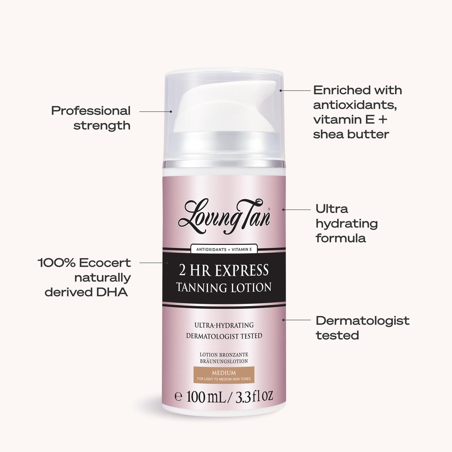 Loving Tan NEW 2 Hr Express Self Tanning Body Lotion, Medium - Hydrating Natural-Looking Glow Sunless Self Tanner, Streak-Free, Dermatologist Tested, Lightweight, Vegan and Cruelty-Free - 3.3 fl oz