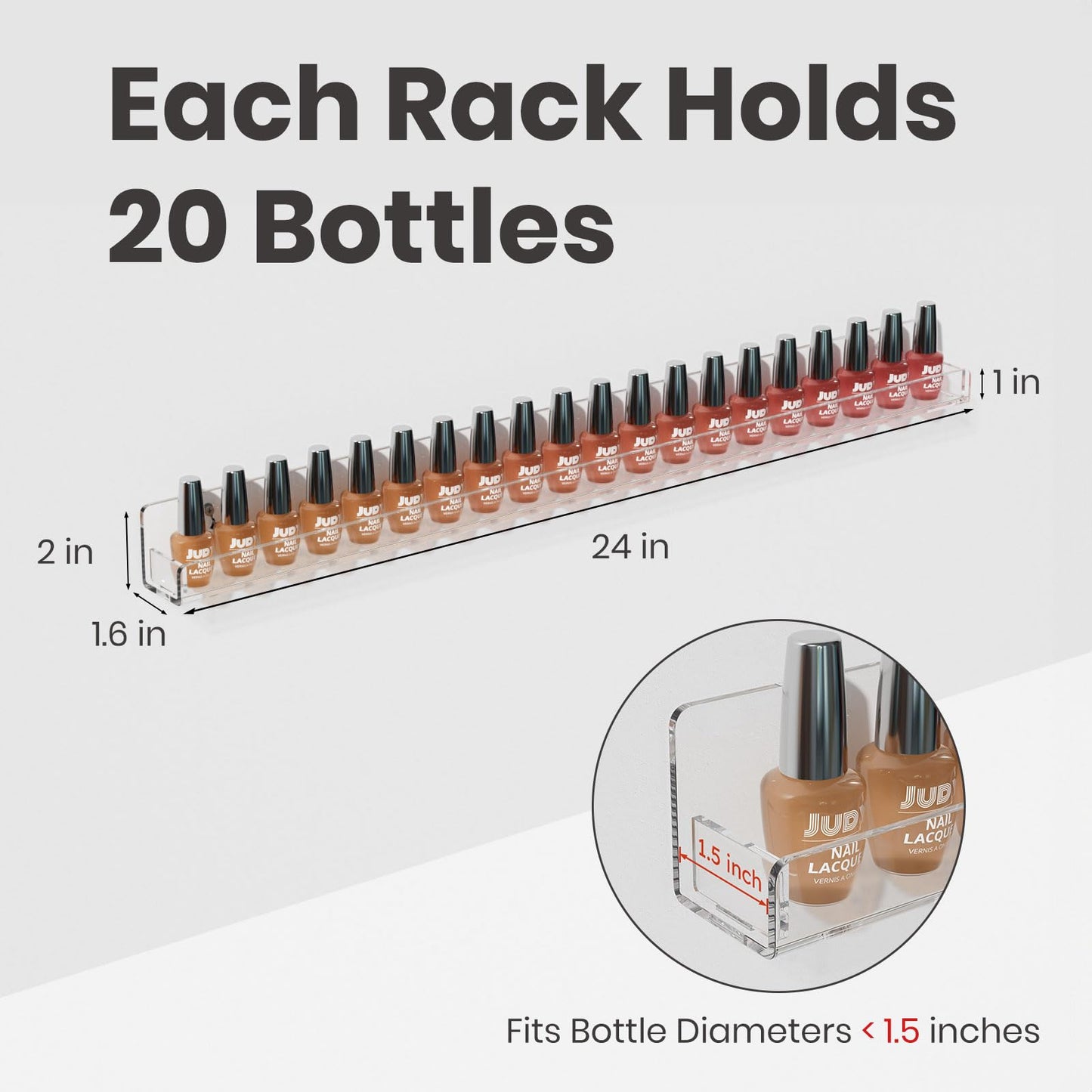 NIUBEE 24 Inches Nail Polish Rack Wall Mounted Shelf with Removable Anti-Slip End Inserts, Clear Acrylic Nail Polish Organizer Display 150 Bottles