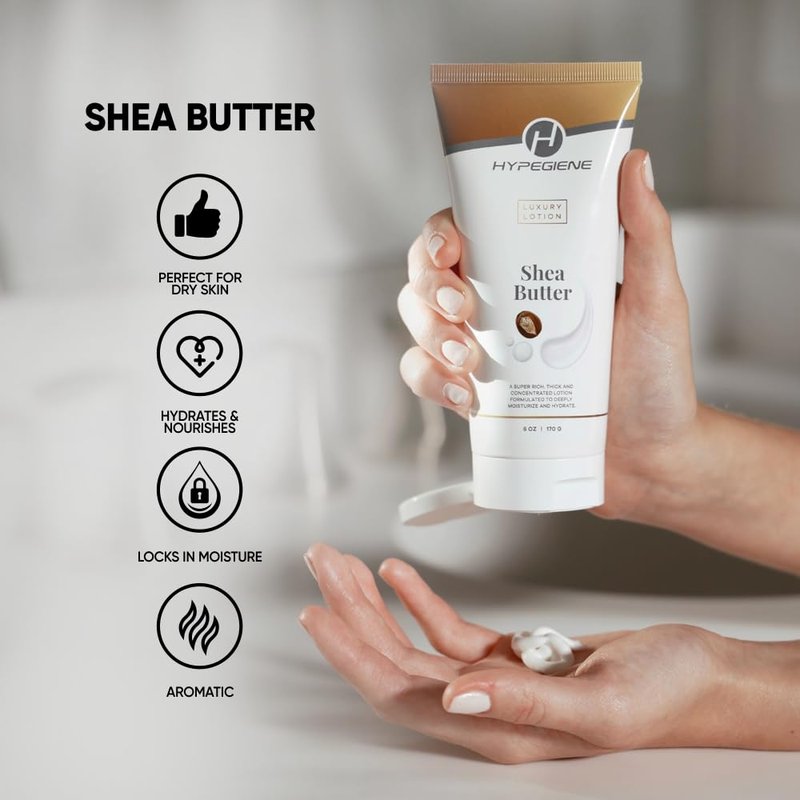 Hypegiene Shea Butter Lotion - Deep Hydrating Daily Moisturizer - Non-Greasy Organic Paraben Free Rich Shea Butter Hand Lotion & Vegan Body Lotion For Dry & Sensitive Skin (6oz)