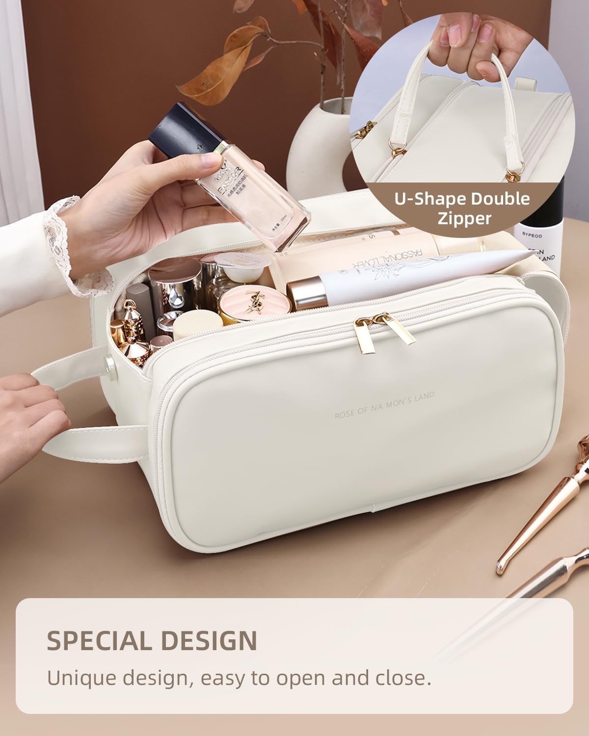 Travel Makeup Bag - Waterproof Cosmetic Organizer with Vertical Brush Holder | Portable Design for Women