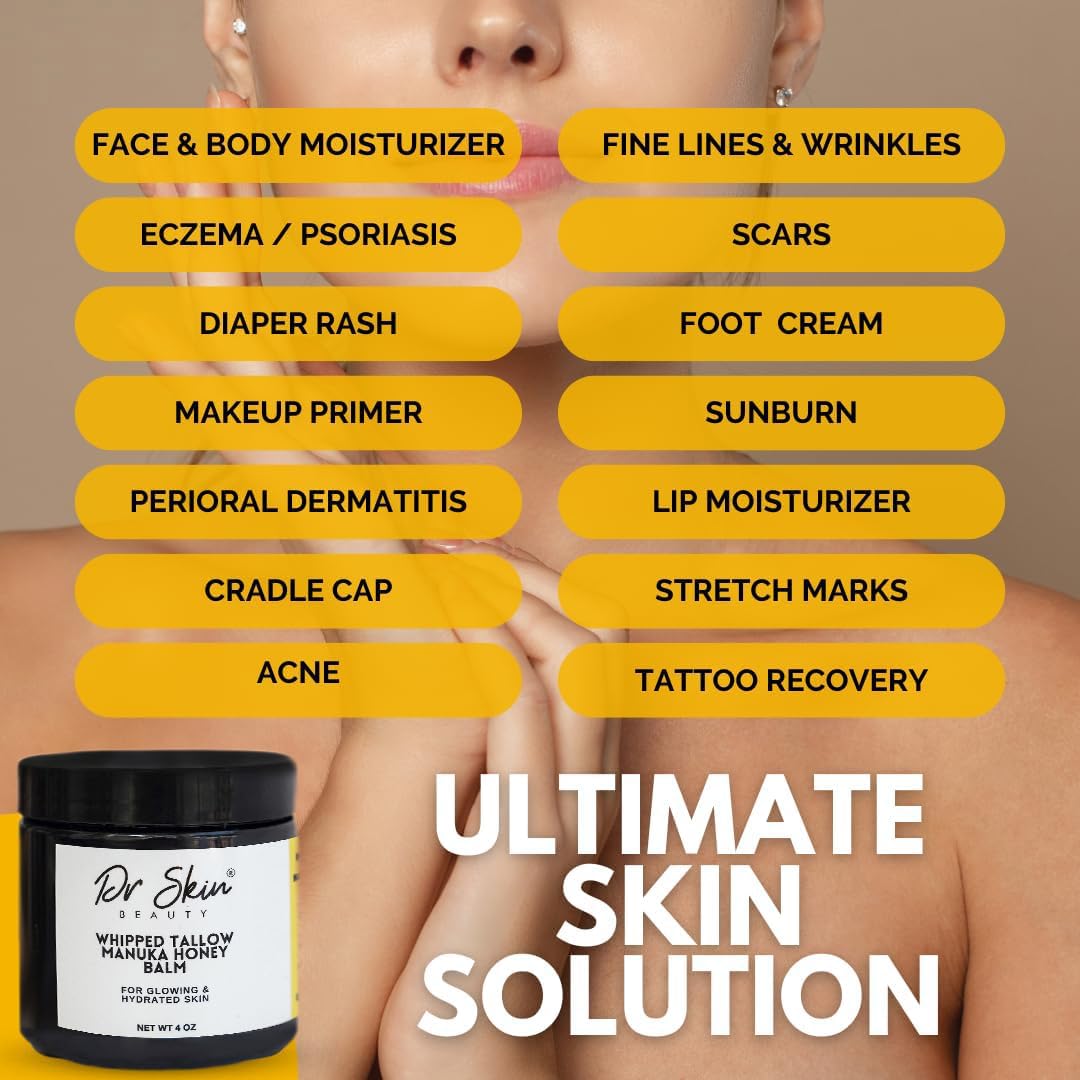 Whipped Beef Tallow & Manuka Honey Balm - Organic Lip Balm and Skin Lotion with Olive Oil for Psoriasis & Eczema - Hydrating For Men, Women & Babies - Orange Scented, 4oz
