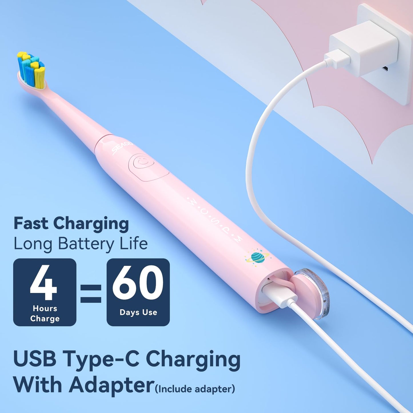 SEAGO Kids Electric Toothbrush, Sonic Soft Bristle Rechargeable Toothbrushes with DIY Stickers, 5 Modes, Includes 4 Replacement Brush Heads, Ages 3 to 12 Years Old (Pink)