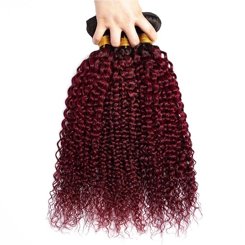 Burgundy Curly Bundles Human Hair Ombre Burgundy Human Hair Bundles 1B99J Bundle 12 14 16 Inch Double Weft Brazilian Virgin Remy Hair Extensions For Women Deals 300G