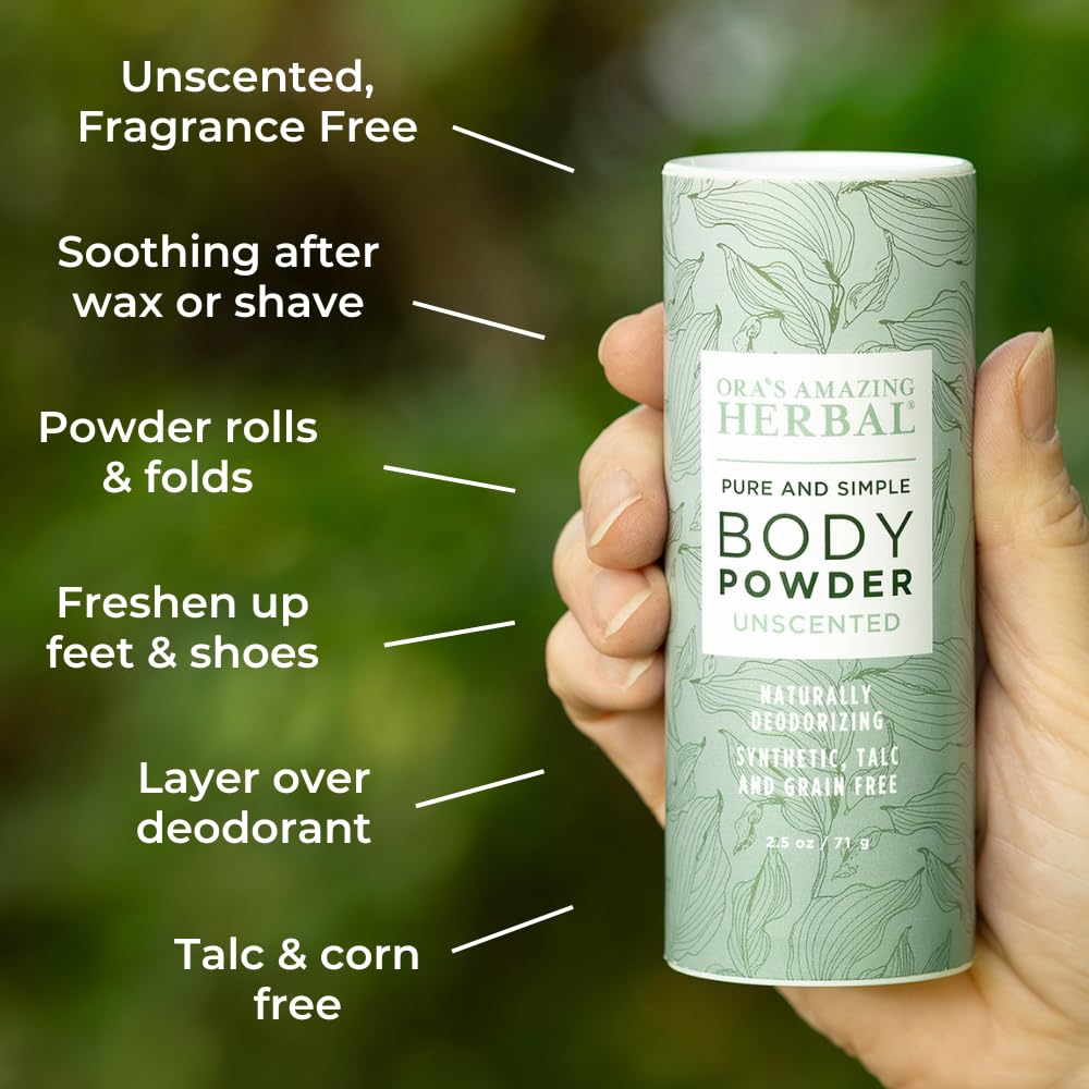 Ora's Amazing Herbal Fragrance Free Body Powder for Women and Men, Unscented Talc Free Talcum Powder, Cornstarch Free Dusting, Waxing, Natural Sugaring, Foot Powder, Dry Shampoo, Made in USA, 2.5 oz