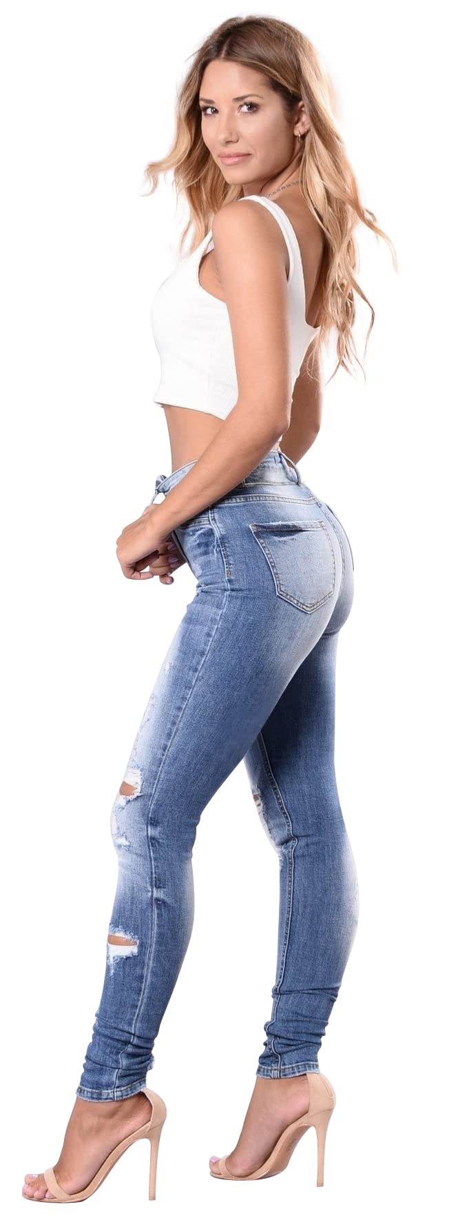 Women's High Waisted Ripped Skinny Jeans Butt Lift Stretchy Jeans Distressed Juniors Denim Pants (Light Blue, US 14)