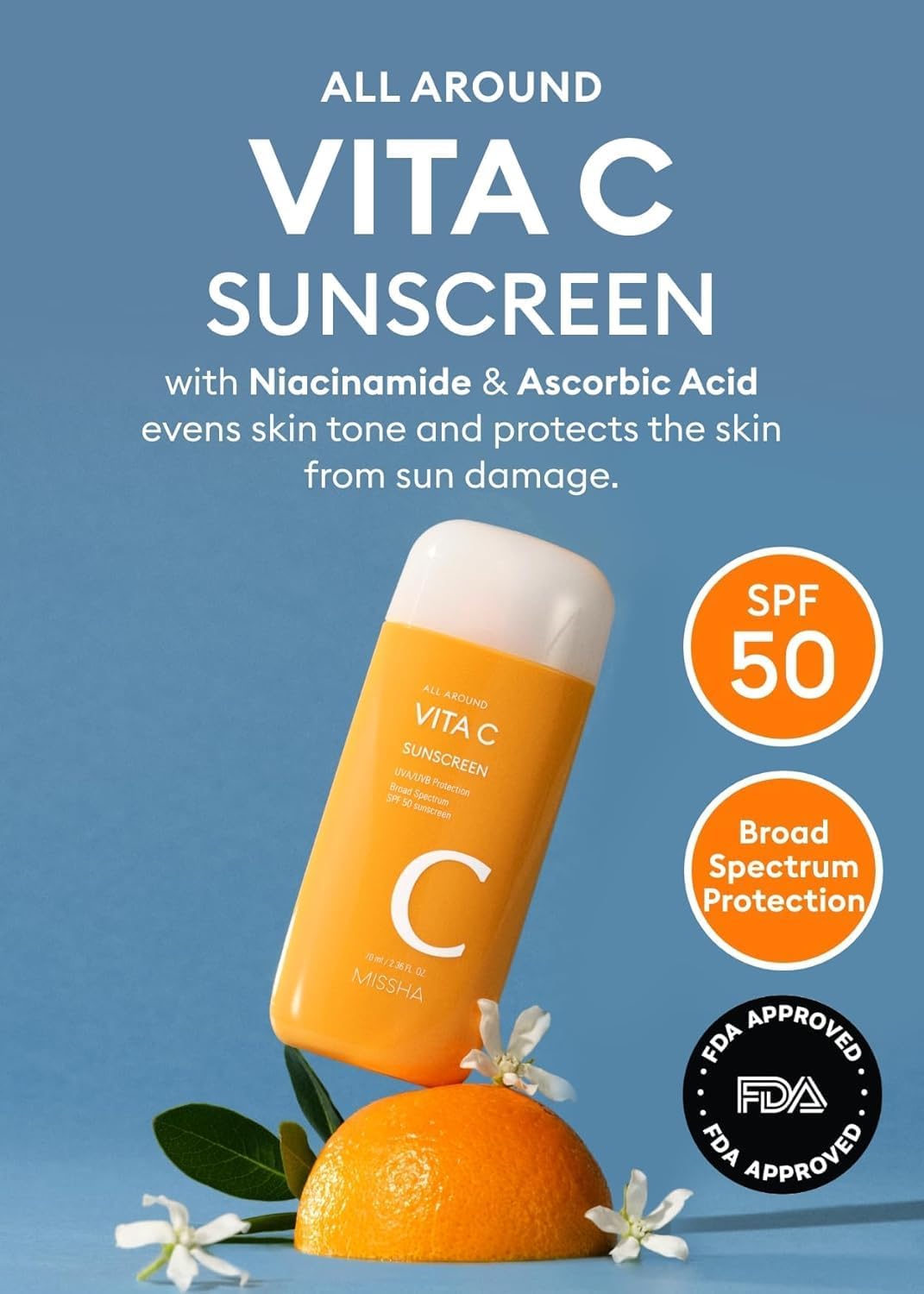 MISSHA All Around Vita C Sunscreen SPF 50/2.36 Fl Oz - Korean Sunscreen for Face with Vitamin C for Even Tone, Lightweight, Non-Sticky, Sebum Control