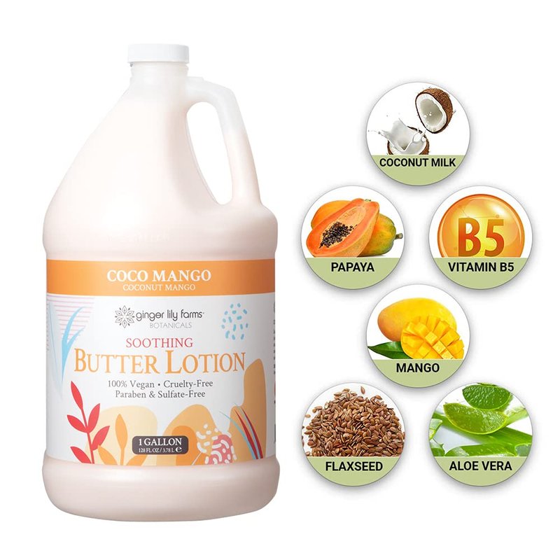 Ginger Lily Farm's Botanicals Soothing Butter Lotion, Coco Mango, 100% Vegan & Cruelty-Free, Coconut Mango Scent, 1 Gallon