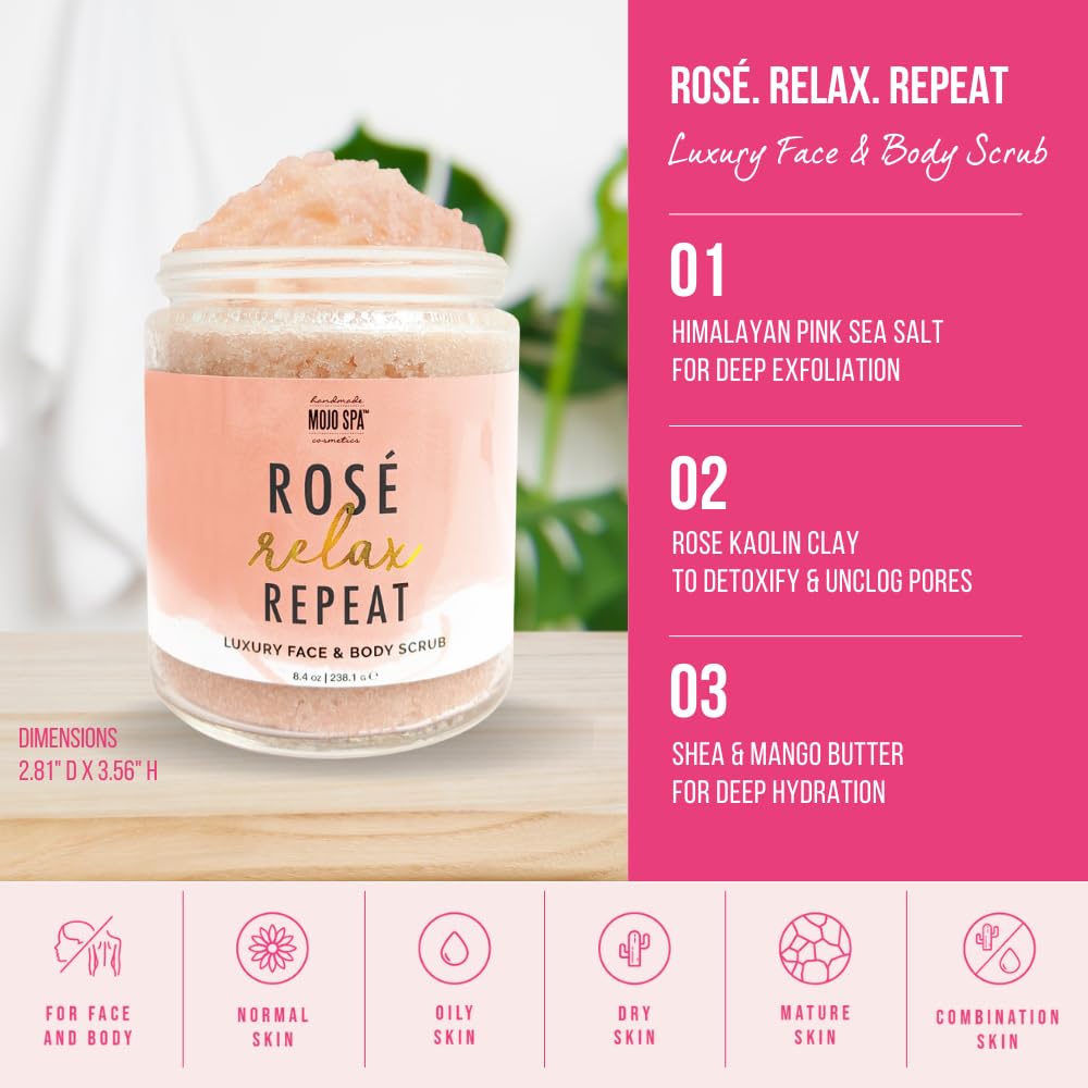 Mojo Spa Rosé Relax Repeat Luxury Face & Body Scrub | Floral, Citrus Scent | Moisturizing Himalayan Pink Sea Salt Exfoliator | 8.4 oz