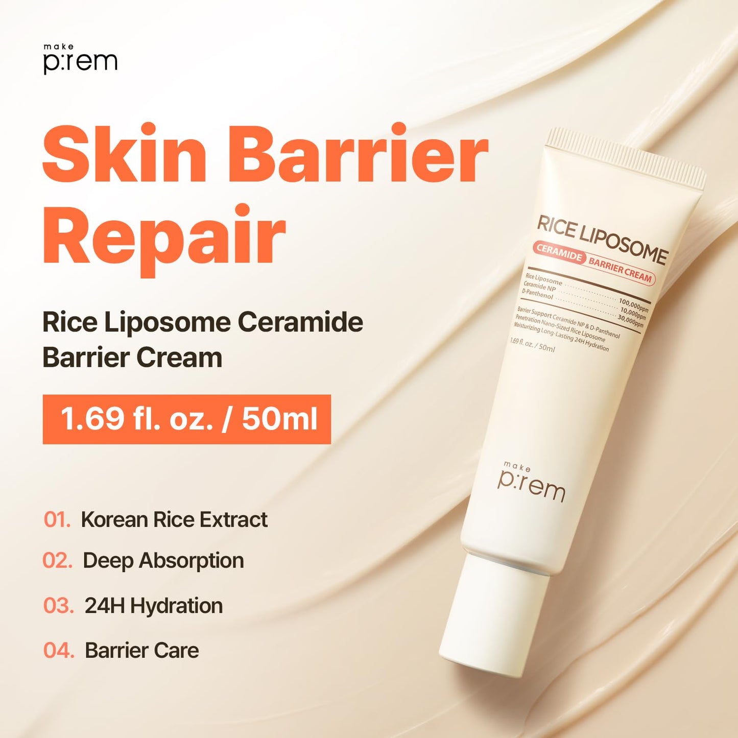 MAKE P:REM Rice Liposome Ceramide Barrier Cream, Skin Barrier Support, Long-Lasting 24H Hydrating Moisturizer, Korean Skin Care, 1.69 fl.oz. (50ml)