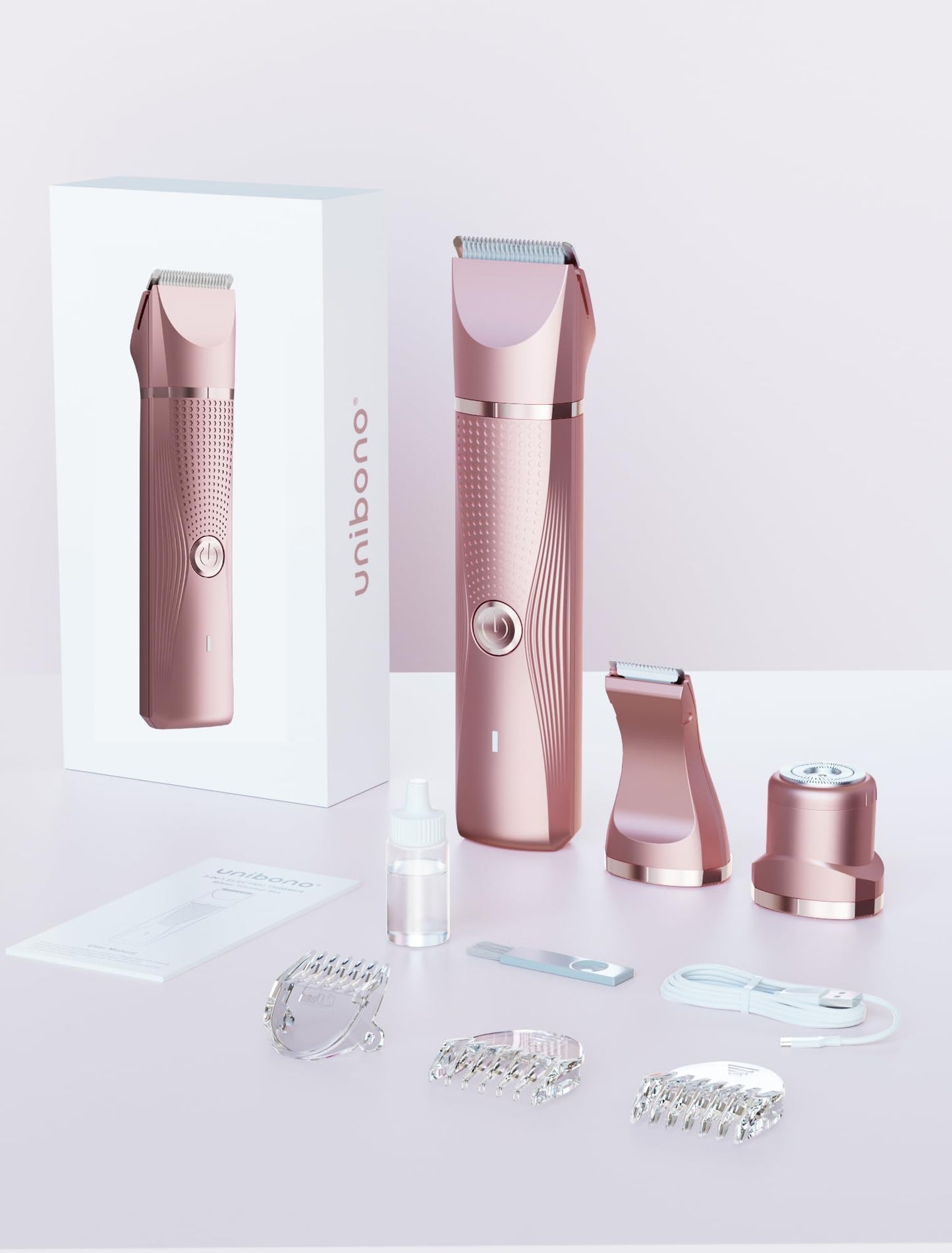 Pubic Hair Trimmer for Women-Unibono Bikini Trimmer, Replaceable 3-in-1 Electric Razors for Women, Electric Shaver in Poweverful Motor, Waterproof Personal Trimmer Groomer for Body Hair (Rose Gold)