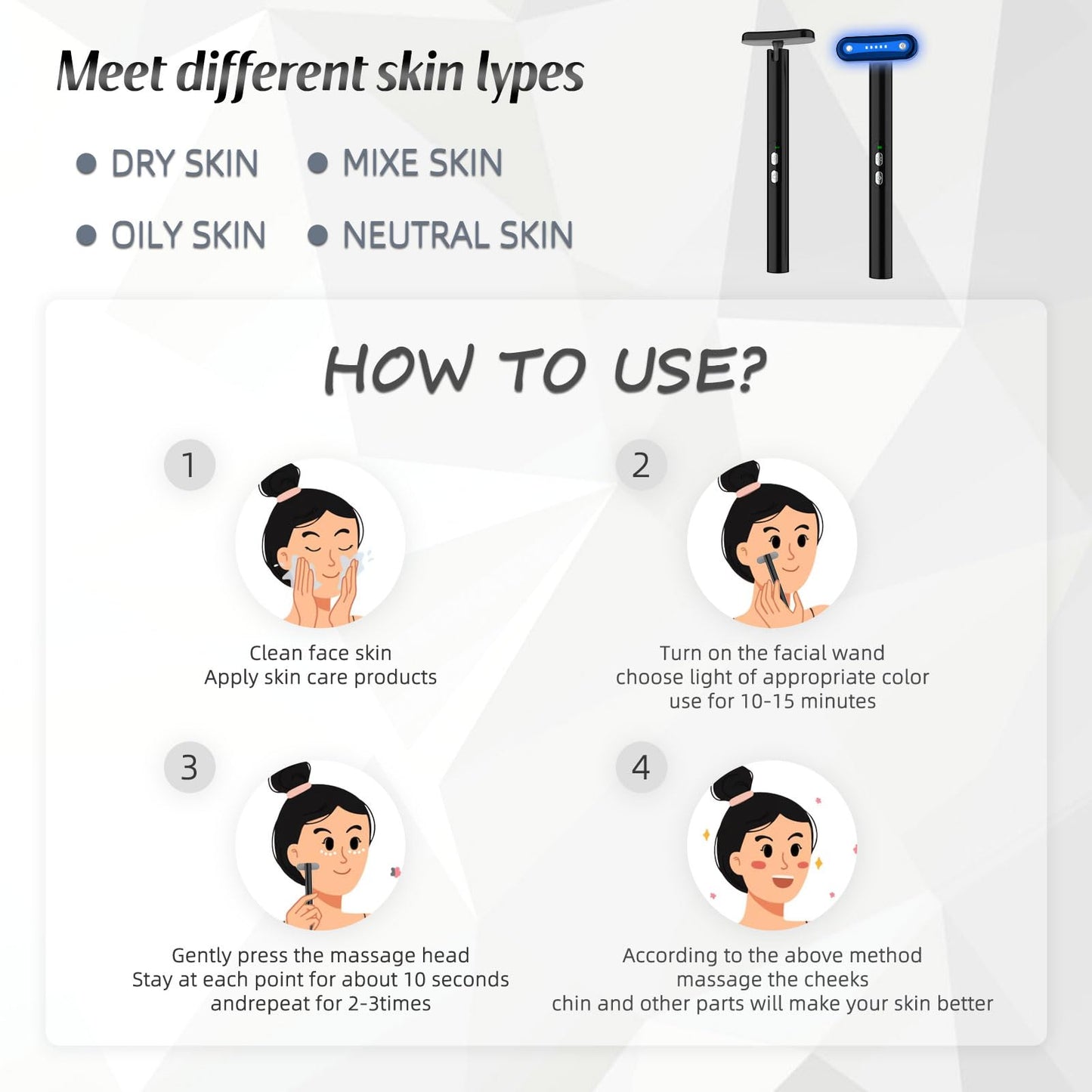 Fxtiaa Led-Light-Therapy, 7 Color Face Skincare Wand with Facial Massager LED Face Skin Rejuvenation for Face & Neck & Eye Skincare Equipment Red Light Wand