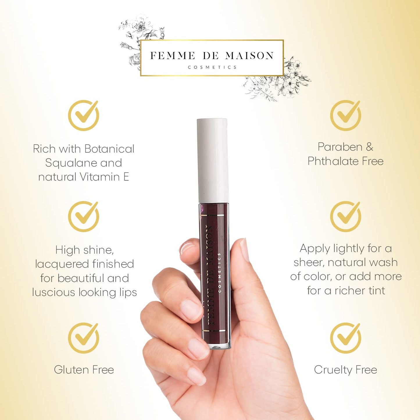 Femme de Maison Cosmetics, Lustre Lip Gloss, Moisturizing, Long Lasting with Squalane & Vitamin E, 100% Gluten, Paraben & Phthalate-Free, Never Sticky, Soft, Natural Colors (Figue Noir 10)
