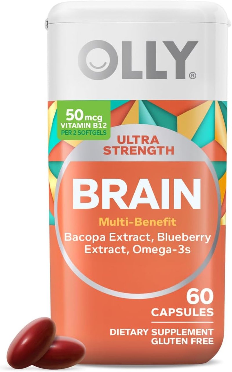 OLLY Ultra Strength Brain Softgels - Nootropic Support for Memory, Focus & Concentration | Omega-3s, Vitamins B6 & B12, 60 Count