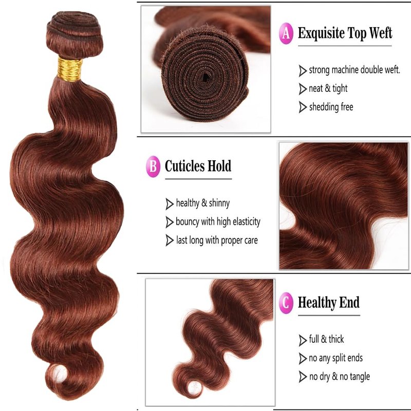 Color 33 Human Hair Bundles Reddish Brown Body Wave Bundles 8 10 12 inch Double Weft Brazilian Virgin Copper Red Human Hair Extensions