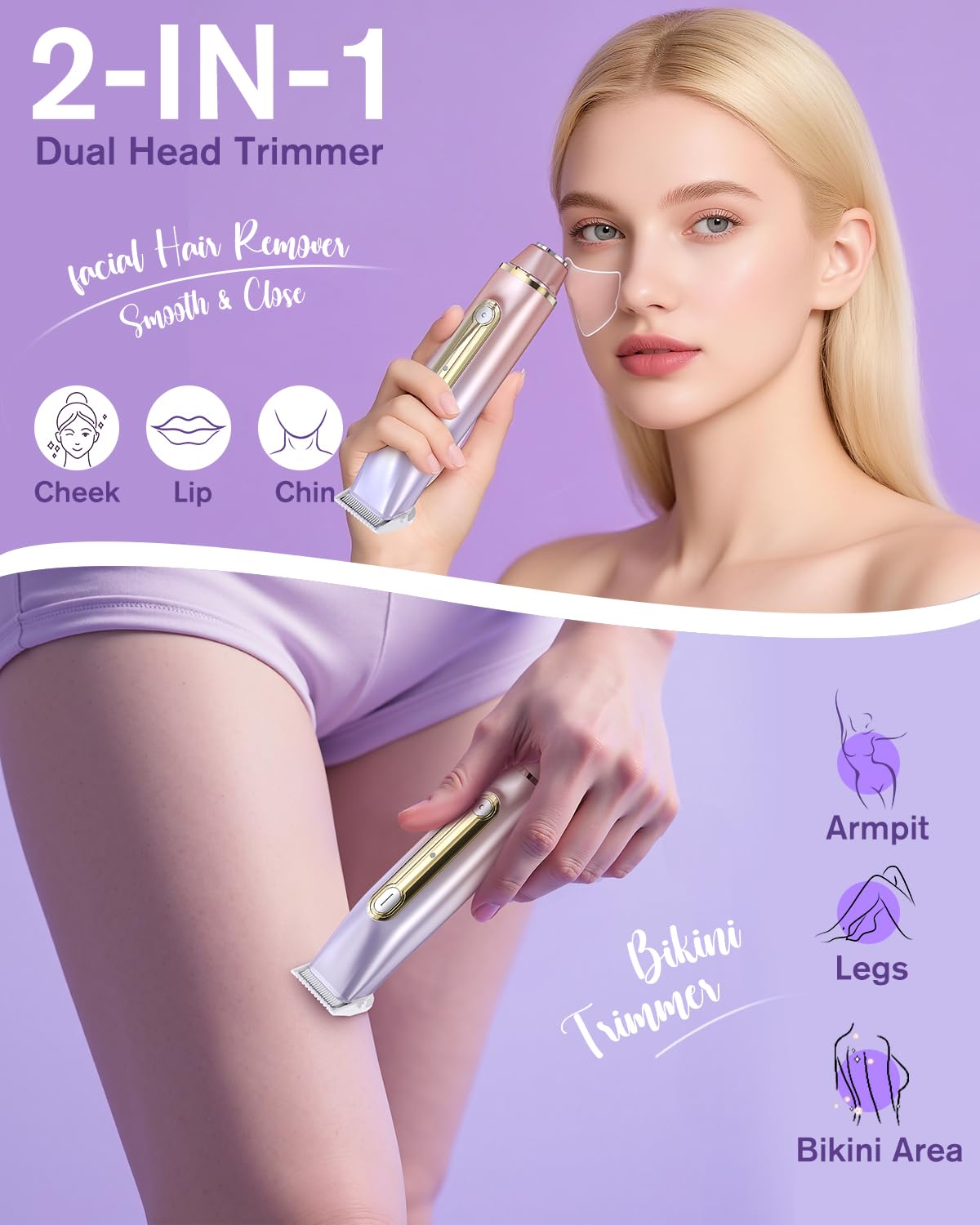 Happnear 2 in 1 Electric Bikini Shaver for Women - 2025 Dual Head Bikini Trimmer for Women IPX7 Waterproof Wet & Dry Use Bikini Razor for Travel Rechargeable Electric Razor for Underarm Leg Arm,Purple