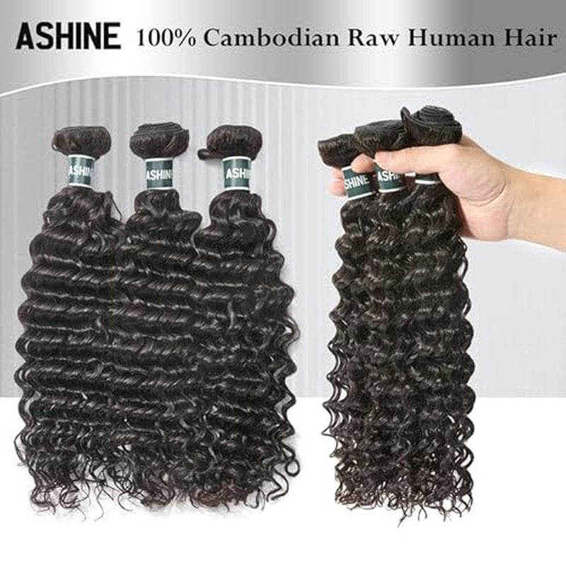ASHINE Human Hair Bundle Deep Wave Unprocessed Cambodian Raw Hair 16 Inch, Flip Over Quick Weave Wet and Wave Bundles for Women Natural Black