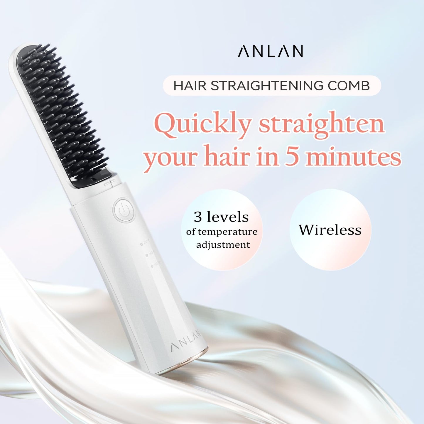 Cordless Hair Straightener Brush, ANLAN Portable Straightening Brush for Travel, Mini Hot Ionic Straightener Comb for Women, Rechargeable & Travel-Friendly for All Hair Textures, White