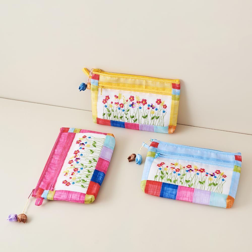 Korean Traditional Patchwork Pouch - Hand-Embroidered Floral Design | Light Blue Zippered Bag