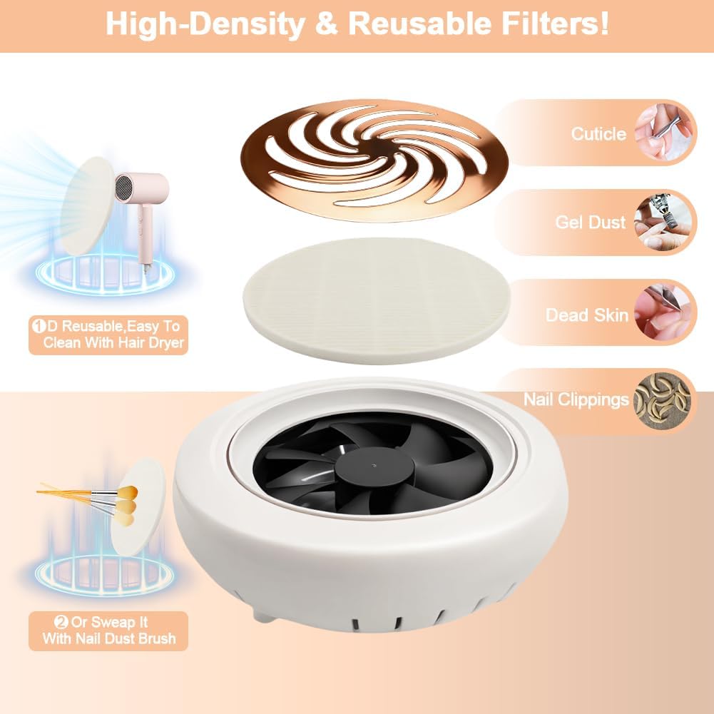 Nail Dust Collector - Compact Vacuum with Cleaner Brush & Reusable Filter | Ideal for Acrylic Nail Polishing, Home & Salon Use