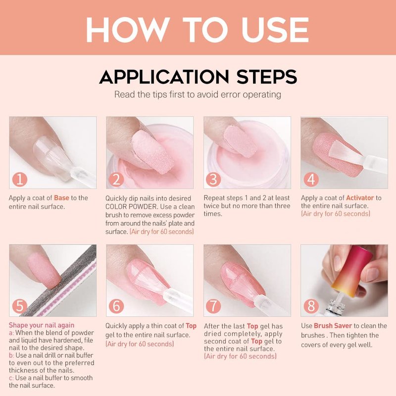Modelones Dip Powder System Set - 4 Pcs Base Coat, Top Coat, Activator & Brush Saver | Nail Art DIY Kit - 15ml/0.5oz