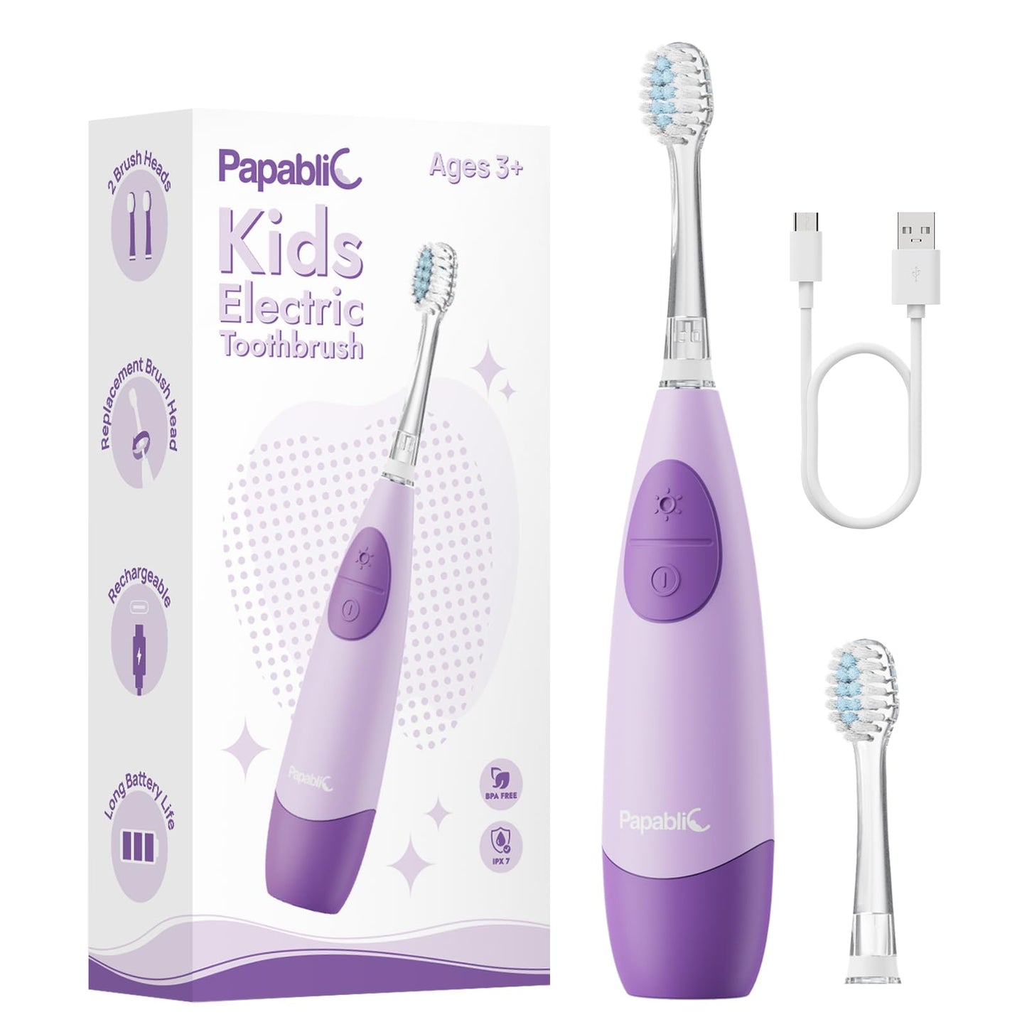 Papablic Kids Electric Toothbrush for Ages 4+ Children Girls and Boys, USB Rechargeable with Smart Brushing Timer, LED Light & 4 Replacement Brush Heads, Purple