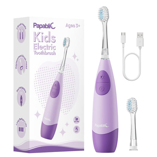 Papablic Kids Electric Toothbrush for Ages 4+ Children Girls and Boys, USB Rechargeable with Smart Brushing Timer, LED Light & 4 Replacement Brush Heads, Purple