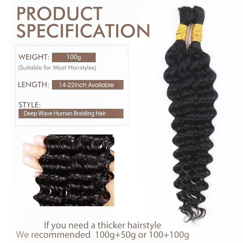 Odir 20 Inch Deep Wave Bulk Human Hair - 100% Unprocessed Brazilian Curly Extensions | 2 Bundles, 100g for Boho Braids