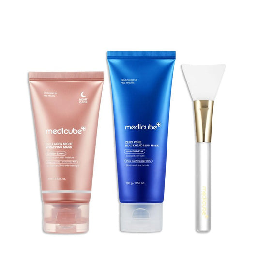 medicube Korean Viral Glass Skin Mask Duo: Collagen Overnight Wrapping Peel Off Facial Mask Pack and Zero Pore Blackhead Mud Facial Mask and Jelly Brush | Gifts for Women, Skin Care Set