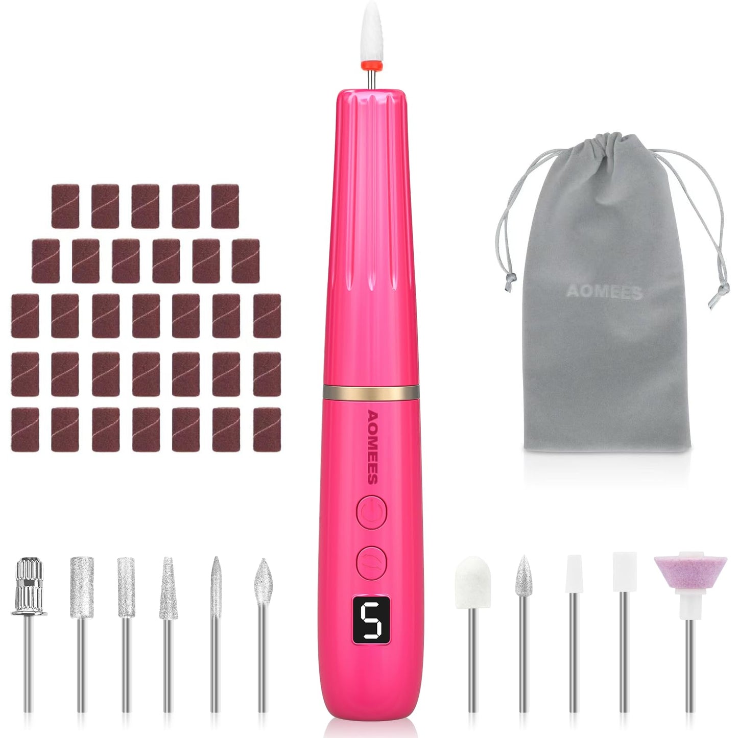 AOMEES Portable Electric Nail File, Cordless Nail Drill with Light for Acrylic, Gel Nails, 12 in 1 Personal Polish Manicure Tools with Nail Drill Bits for Salon Home Use (Lavender)