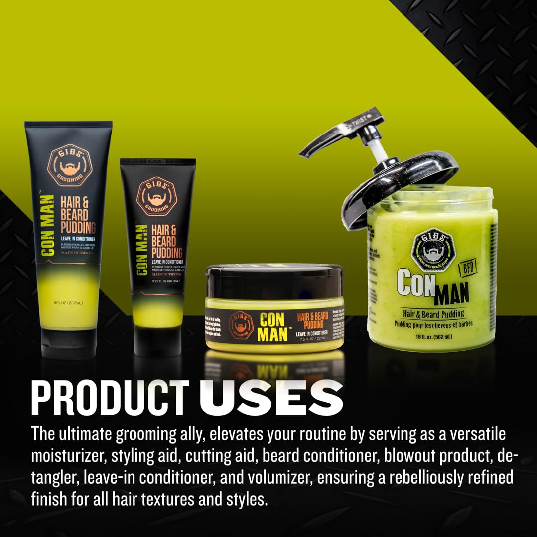 GIBS Con Man Hair & Beard Pudding - Leave-In Conditioner & Curl Definer | Moisturizing Formula