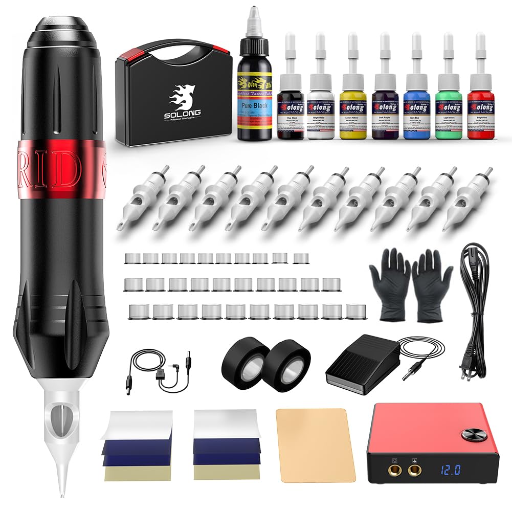 Solong Tattoo Kit Complete Rotary Tattoo Machine Gun Kit with 20pcs Needles Cartridges Tattoo Ink Set Digital Power Supply Tattoo Pen Kit EK129-1-US…
