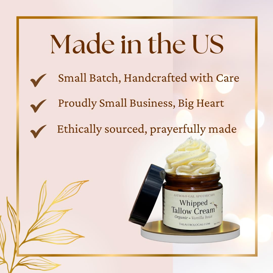 Astrolo Gal Apothecary Organic Vanilla Whipped Tallow Cream – 100% Grass-Fed | Natural Moisturizer for Dry Skin, Sensitive Skin, Face & Body – 2 oz