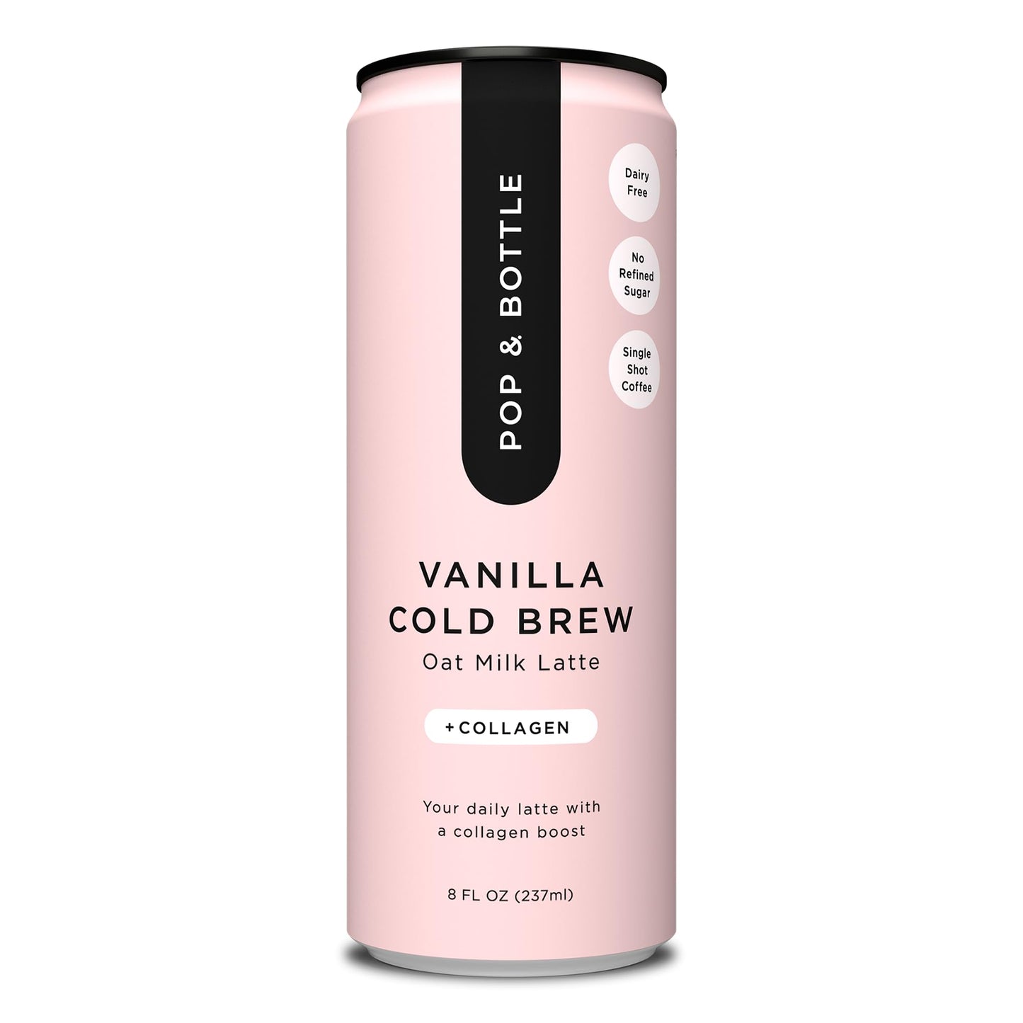 Pop & Bottle Vanilla Oat Milk Lattes - Cold Brew, Sustainably Sourced Marine Collagen, MCT Oil, Organic, Dairy Free, Gluten Free, Lightly Sweetened with Dates - 8 Fl Oz (Pack of 8)