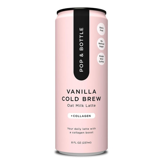 Pop & Bottle Vanilla Oat Milk Lattes - Cold Brew, Sustainably Sourced Marine Collagen, MCT Oil, Organic, Dairy Free, Gluten Free, Lightly Sweetened with Dates - 8 Fl Oz (Pack of 8)