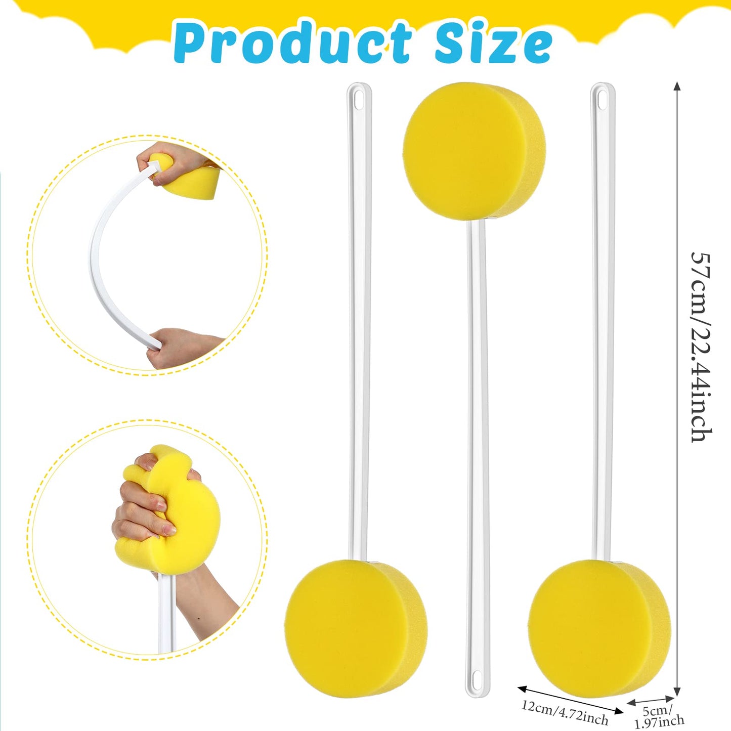 Yetene 3 Pcs Long Handle Bath Sponge 22.4'' Back Sponge on a Stick Lightweight Back Washer Handled Butt Scrubber Shower Brush for Foot Body Cleaning Bathing Limited Motion, Yellow(Round Style)