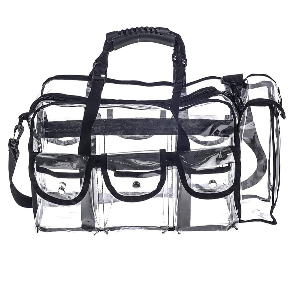 Large Clear Makeup Bag, Transparent PVC Cosmetic Bag with Shoulder Strap and Pockets, Zippered Travel Toiletry Carry Pouch Shoulder Bag
