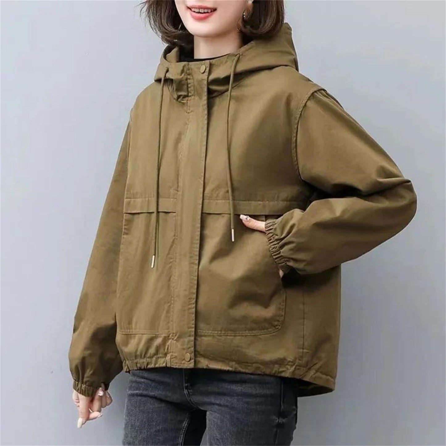 Women Trench Coat Single Long-Sleeved Short Hooded Windbreaker Outwear Coats