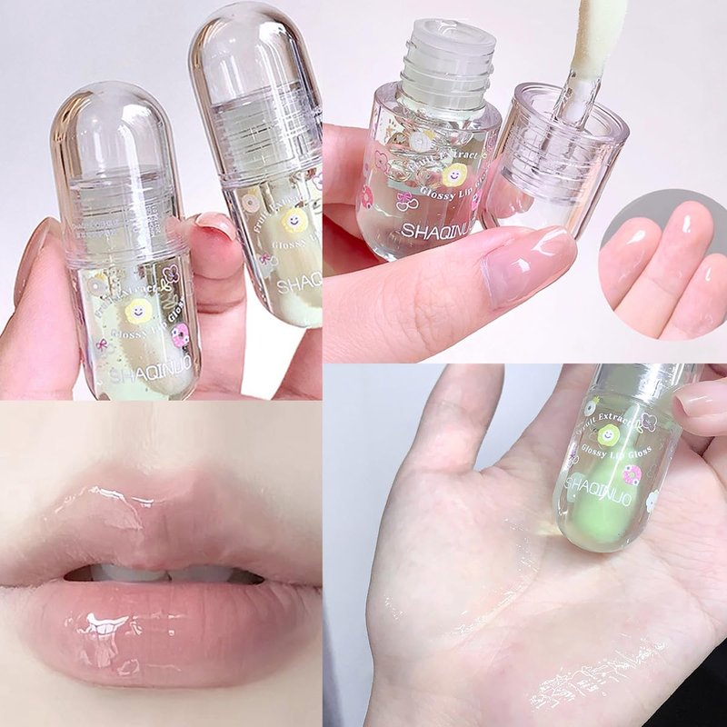 Pakivs 4Pcs Fruit Flavored Lip Gloss Oil Set,Big Brush Head Lip Oil,Cute Lip Hydrating Nourishing Lip Gloss, Jelly Glossy Finish Lip Glow Oil,Party Gift for Women,