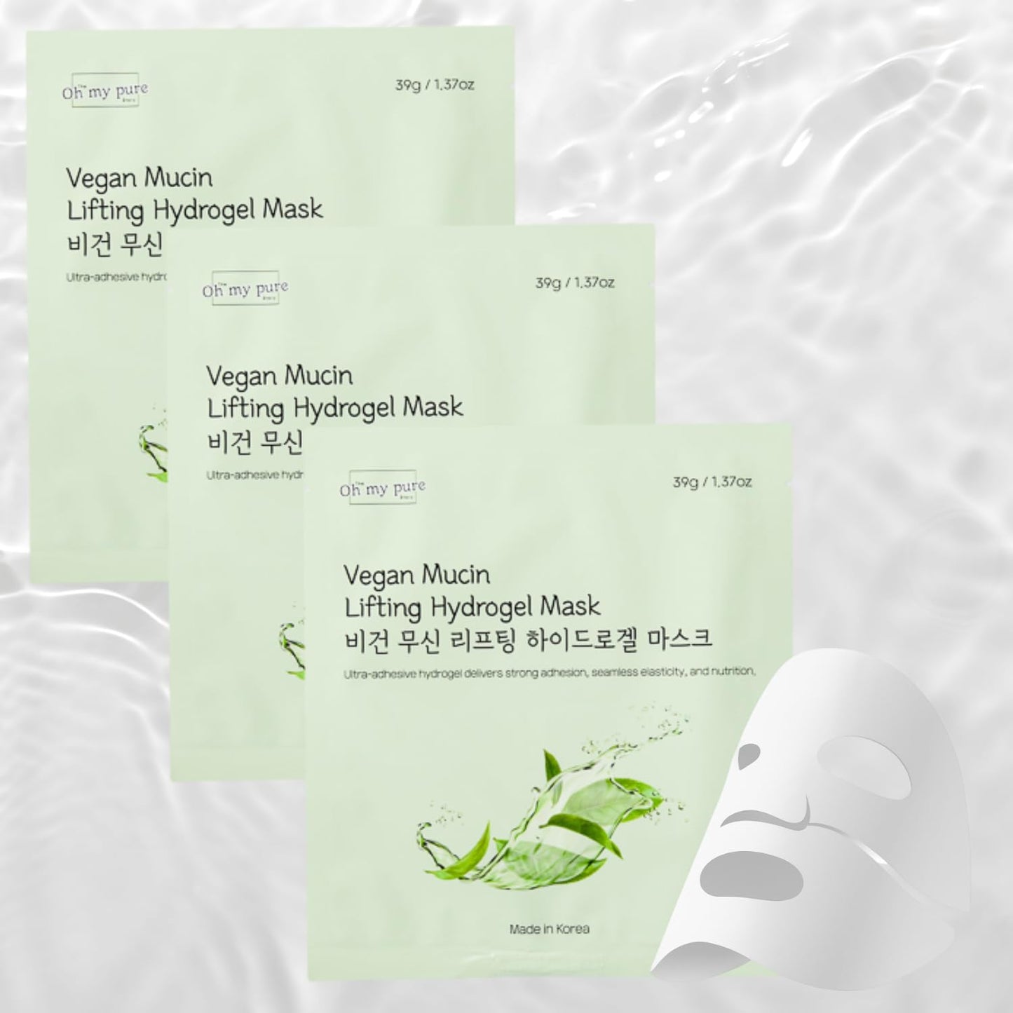 Oh My Pure VeganMucin Lifting Hydrogel Korean Face Mask 3 EA, Improves Skin Texture, Glowing Skin, Made in Korea