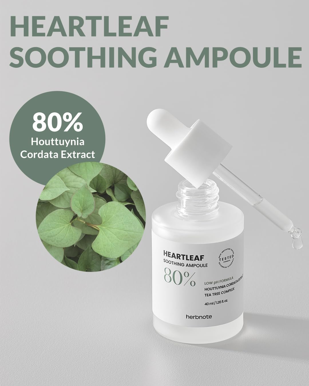 HERBNOTE Heartleaf Soothing Moisture Ampoule - Enriched with 80% Extracted Houttuynia Cordata, Teatree & Pantenol - Effective for Sebum Control - Clinical Tested, 1.35 fl.oz