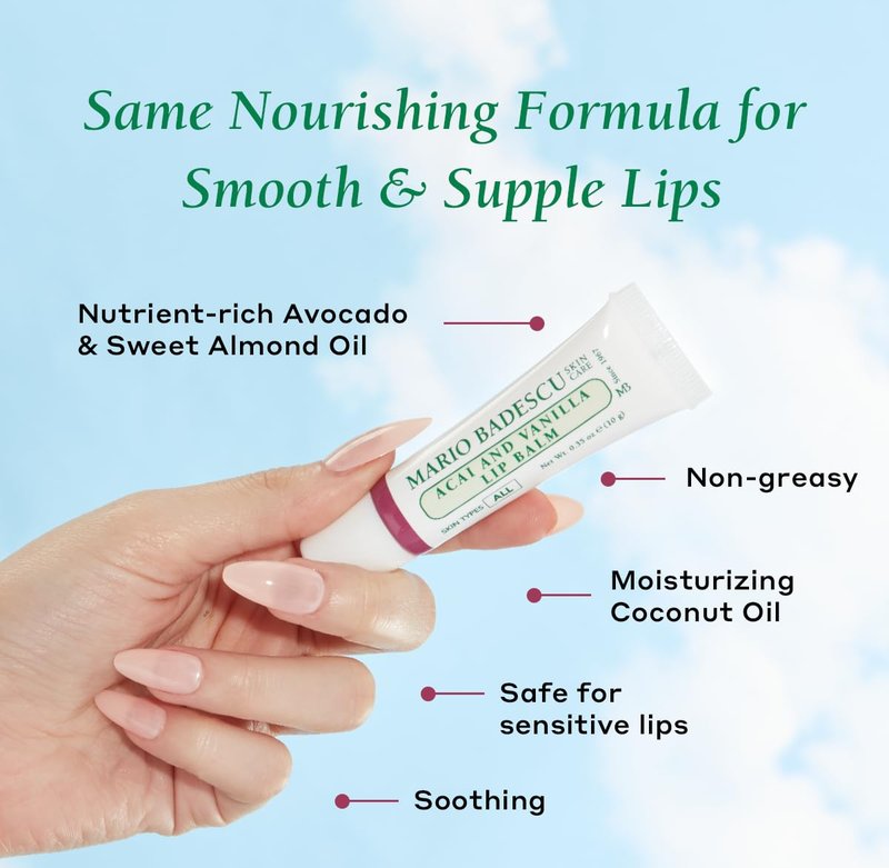 Mario Badescu Moisturizing Acai and Vanilla Lip Balm for Dry Cracked Lips, Infused with Coconut Oil and Shea Butter, Ultra-Nourishing Lip Care Moisturizer for Soft, Smooth and Supple Lips, 0.35 Oz