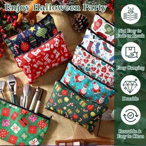 24 Pieces Makeup Bags Bulk Canvas Cosmetic Bags Purse Organizer Zipper Cosmetic Pouch Portable Travel Toiletry Pouch for Women Men Gifts, 7 x 4 Inch (Christmas)
