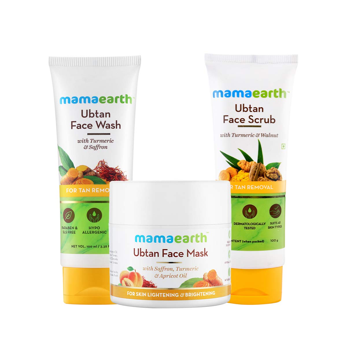 MAMAEARTH Ubtan Tan Removal Facial Kit | Face Wash, Scrub & Mask Combo for Glowing, Revitalize Skin With Turmeric, Saffron & Walnut | Paraben & Sulfate Free | For All Skin Types