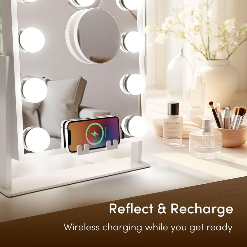 Fancii Vanity Mirror with Lights, BT Speaker, Wireless Charging - Detachable 10X Magnifying Mirror, 9 Hollywood Bulbs, LED Lighted Makeup Mirror with Phone Stand, 3 Color Modes, Adjustable Tilt