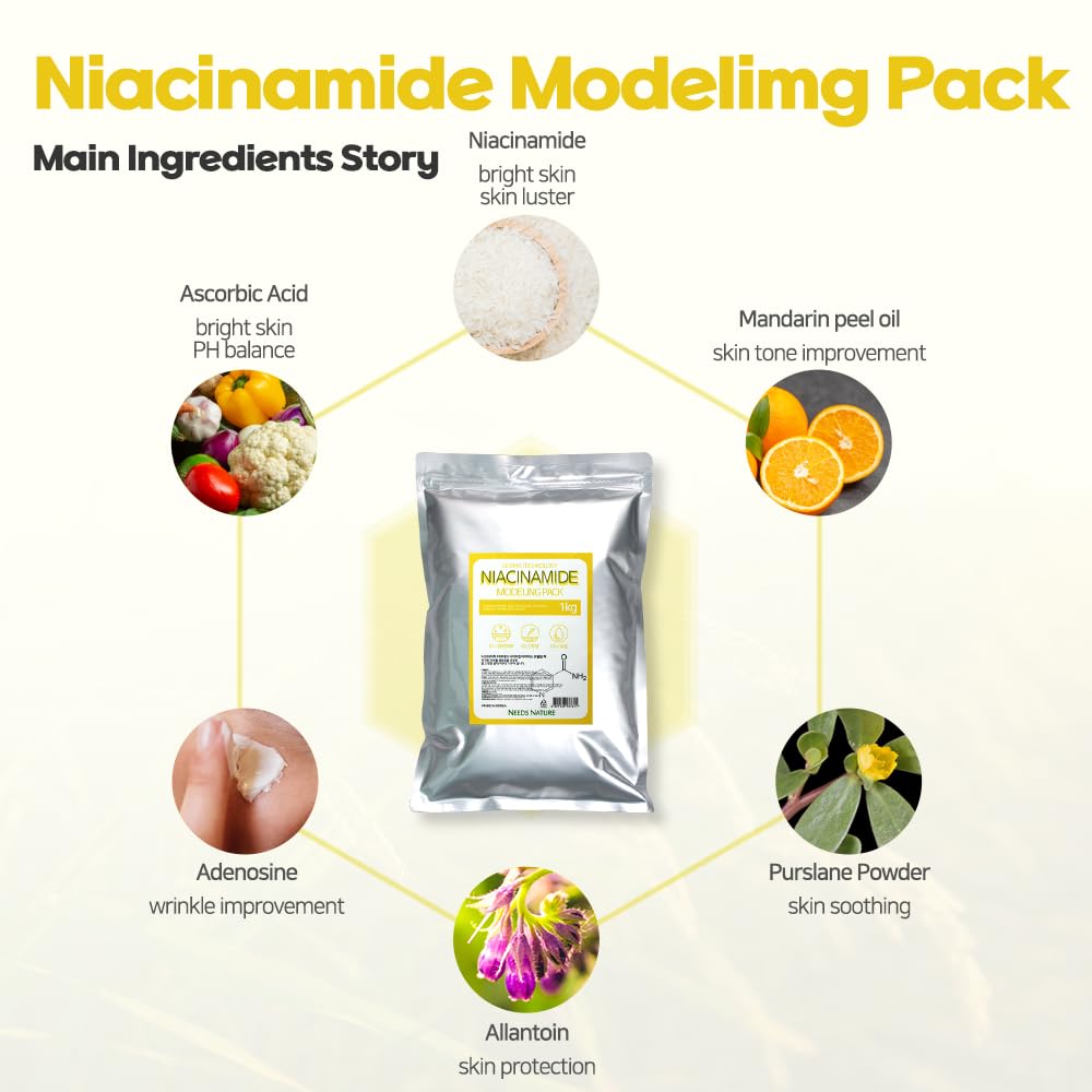 NEEDS NATURE Niacinamide Modeling Mask – Korean Peel-Off Rubber Mask for Face Care, Hydrating & Pore-Refining Powder Pack, 1000g Spa Facial Kit with Tools