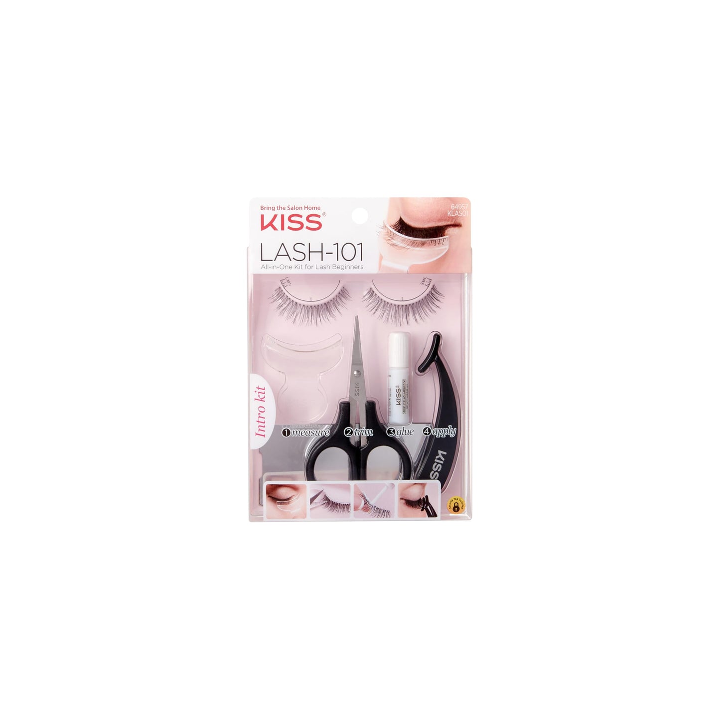 Kiss Lash-101 All-In-One False Eyelashes Kit for Beginners, Reusable Strip Lashes, Easy to Apply, 1 Pair 12 mm Fake Eyelashes, Measuring Tool, Scissors, Lash Adhesive, Applicator, & Mirror