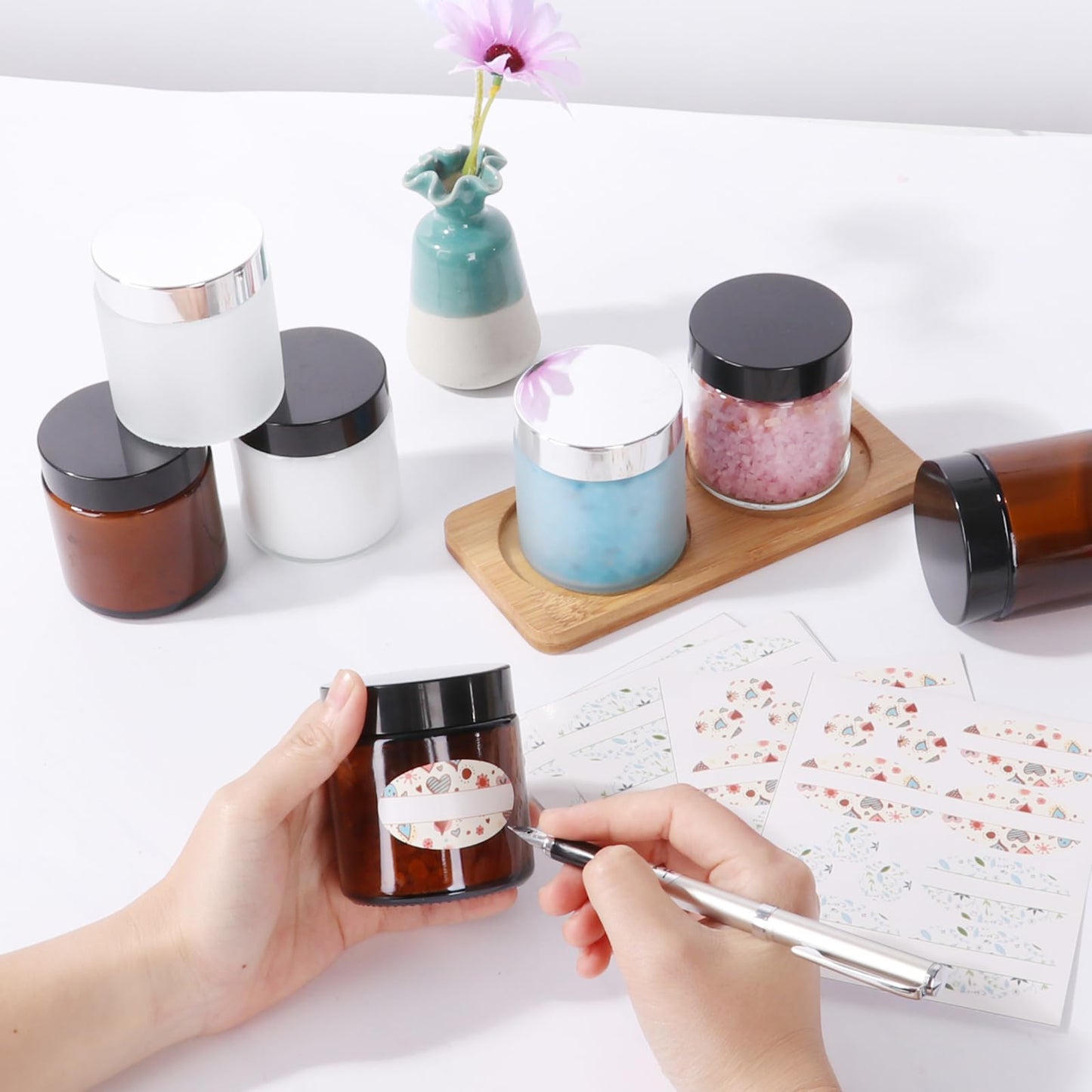 EkkoVla 24 Pack 4 oz Clear Glass Jars with Lids, Round Empty Cosmetic Containers with Inner Liners for Lotion, Cream, Ointments, Powder, Candle
