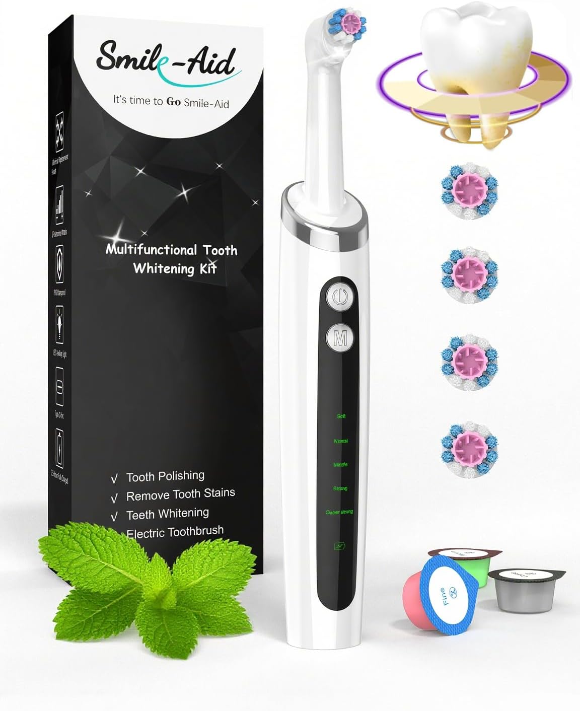 Tooth Polisher Kit - Rechargeable Teeth Whitening System with 5 Replacement Brush Heads & 3 Polish Pastes | Dental Care Tools