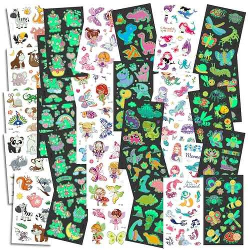 300pcs (30 Sheets) Glow-in-the-Dark Temporary Tattoos for Kids - Unicorn, Dinosaur, Mermaid, Fairy, Animals £¦ Butterfly - Temporary Tattoos for Boy £¦ Girls, Party Favors
